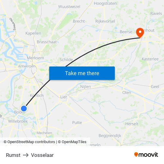 Rumst to Vosselaar map