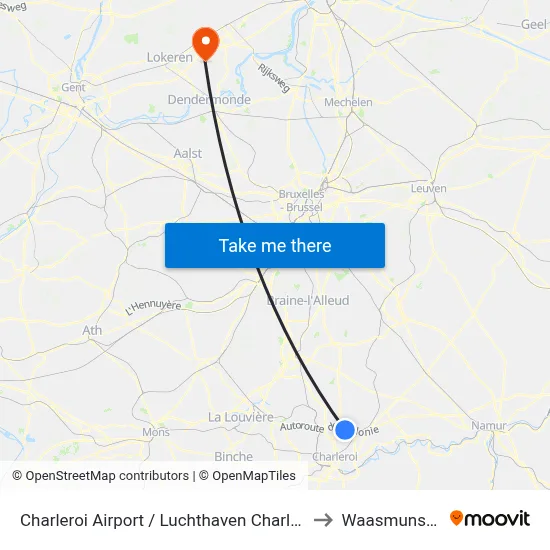 Charleroi Airport / Luchthaven Charleroi to Waasmunster map