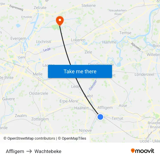 Affligem to Wachtebeke map