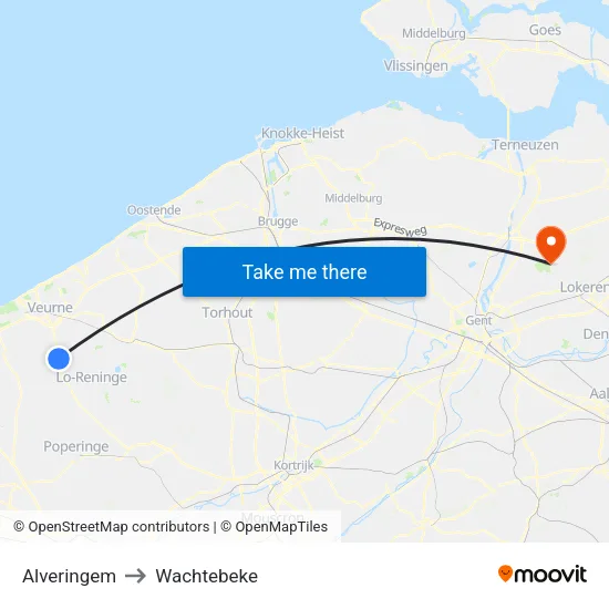 Alveringem to Wachtebeke map