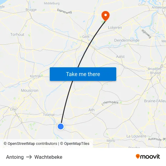 Antoing to Wachtebeke map