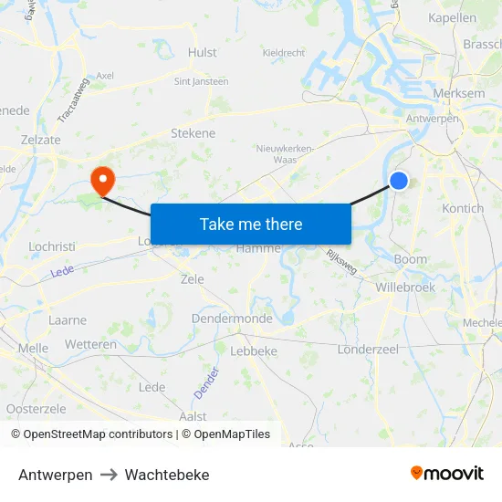 Antwerpen to Wachtebeke map