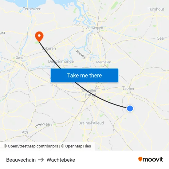 Beauvechain to Wachtebeke map