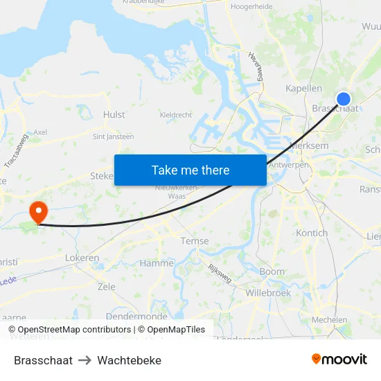 Brasschaat to Wachtebeke map