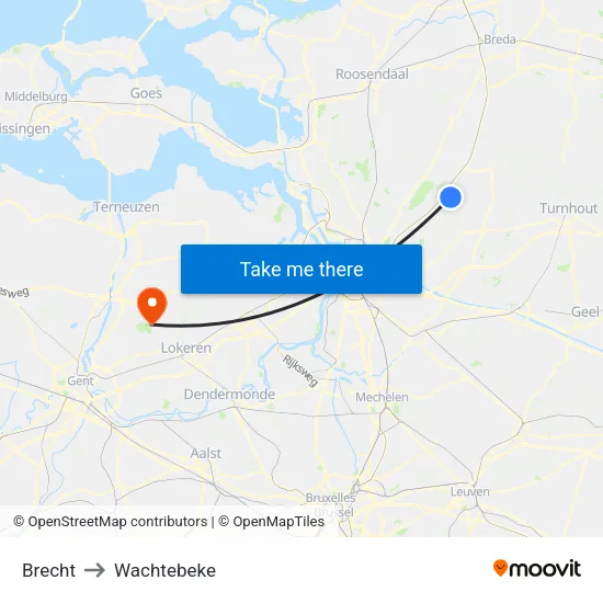 Brecht to Wachtebeke map