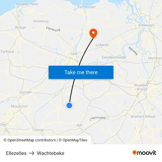 Ellezelles to Wachtebeke map
