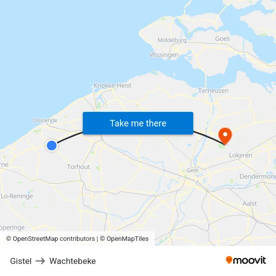 Gistel to Wachtebeke map