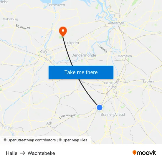 Halle to Wachtebeke map