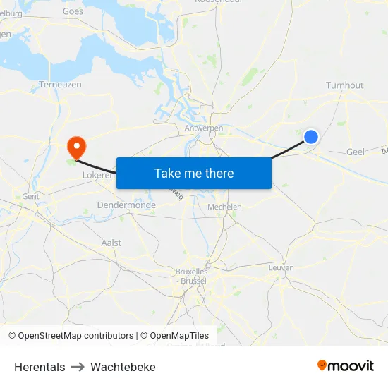 Herentals to Wachtebeke map