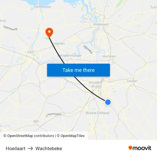 Hoeilaart to Wachtebeke map