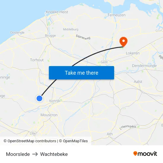 Moorslede to Wachtebeke map