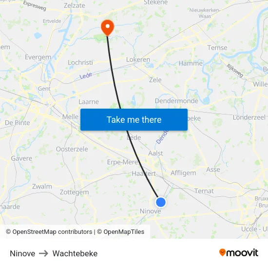 Ninove to Wachtebeke map