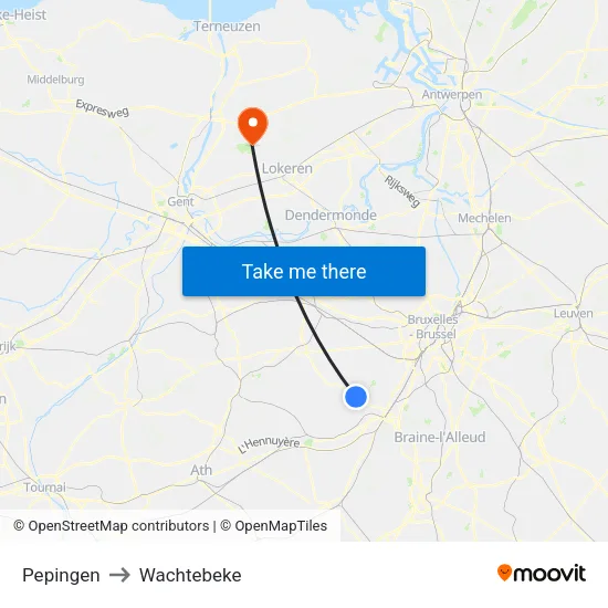 Pepingen to Wachtebeke map