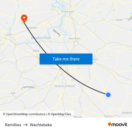 Ramillies to Wachtebeke map