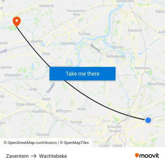 Zaventem to Wachtebeke map