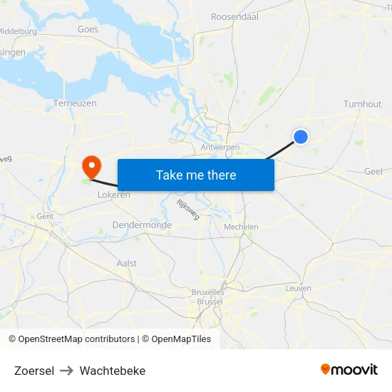 Zoersel to Wachtebeke map