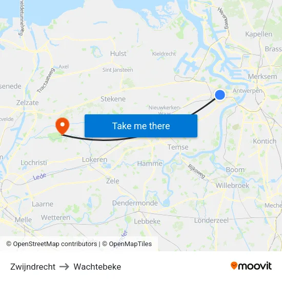 Zwijndrecht to Wachtebeke map