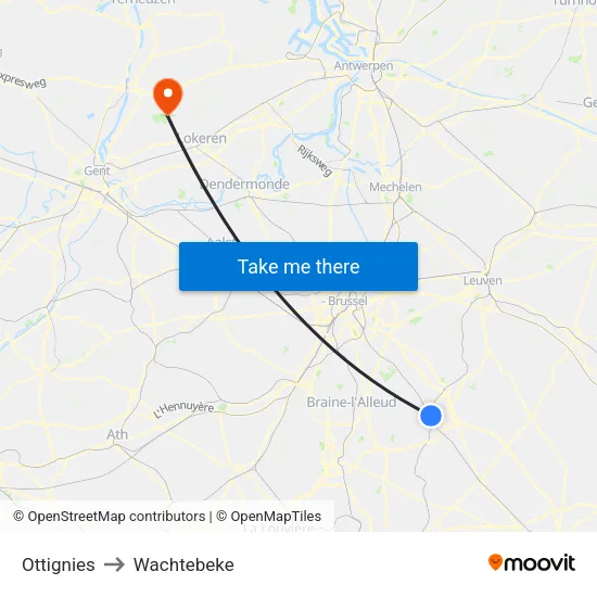 Ottignies to Wachtebeke map