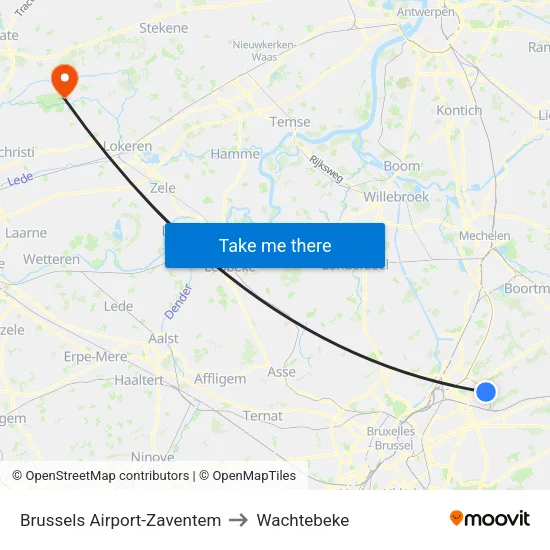 Brussels Airport-Zaventem to Wachtebeke map