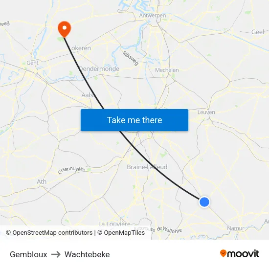 Gembloux to Wachtebeke map