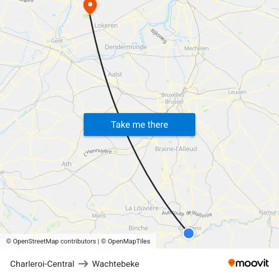 Charleroi-Central to Wachtebeke map