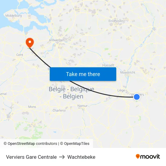 Verviers Gare Centrale to Wachtebeke map