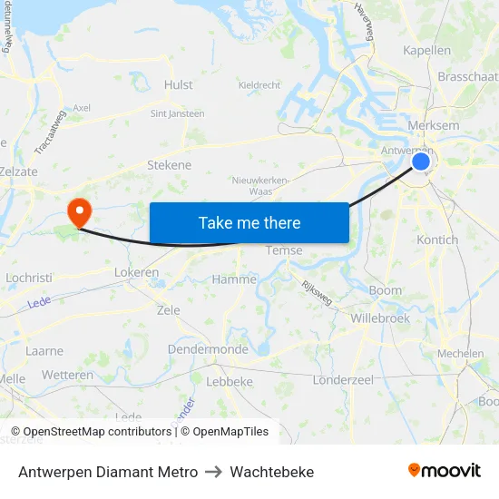 Antwerpen Diamant Metro to Wachtebeke map