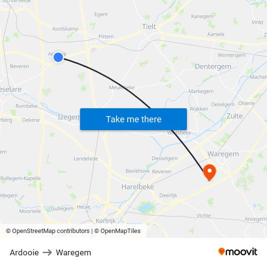 Ardooie to Waregem map