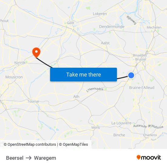 Beersel to Waregem map