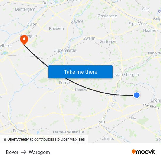 Bever to Waregem map