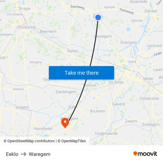 Eeklo to Waregem map