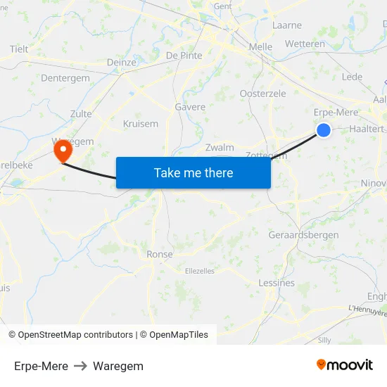 Erpe-Mere to Waregem map