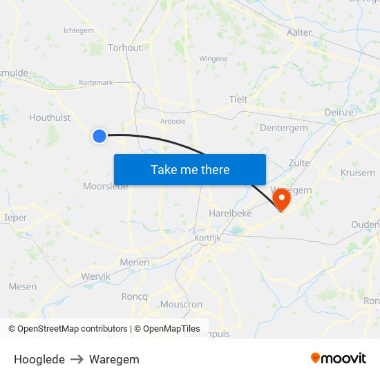 Hooglede to Waregem map