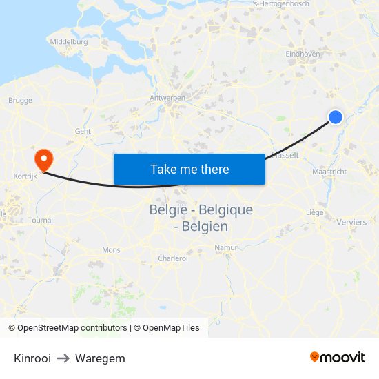 Kinrooi to Waregem map