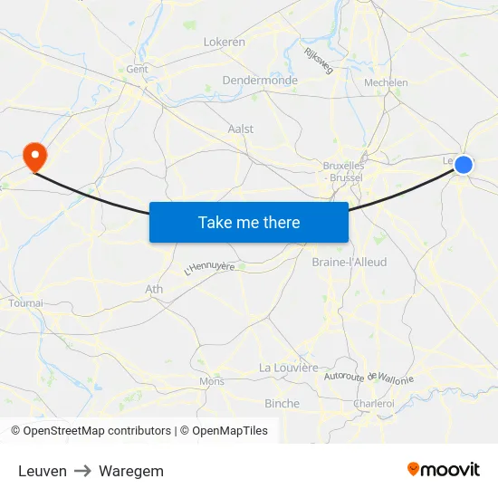 Leuven to Waregem map