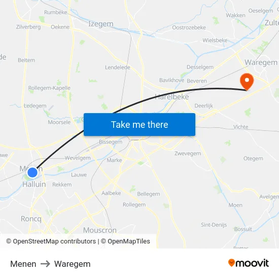 Menen to Waregem map
