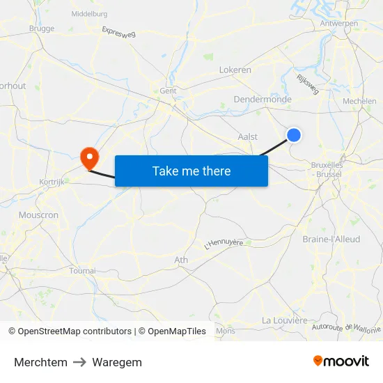 Merchtem to Waregem map
