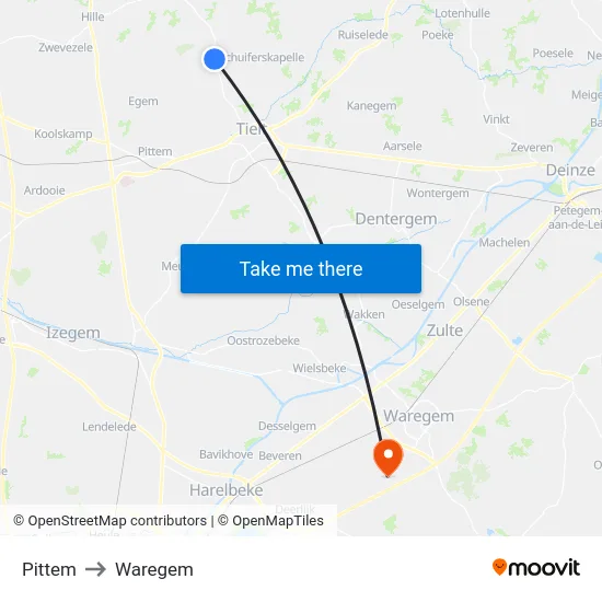 Pittem to Waregem map