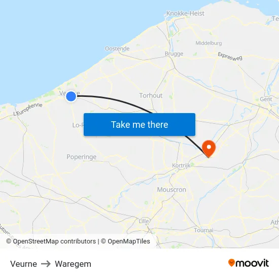 Veurne to Waregem map