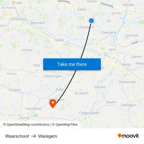 Waarschoot to Waregem map