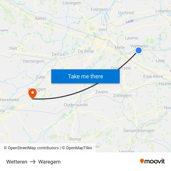 Wetteren to Waregem map