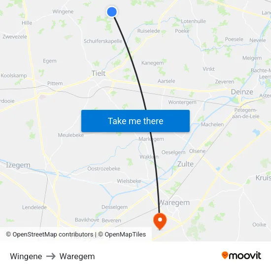 Wingene to Waregem map