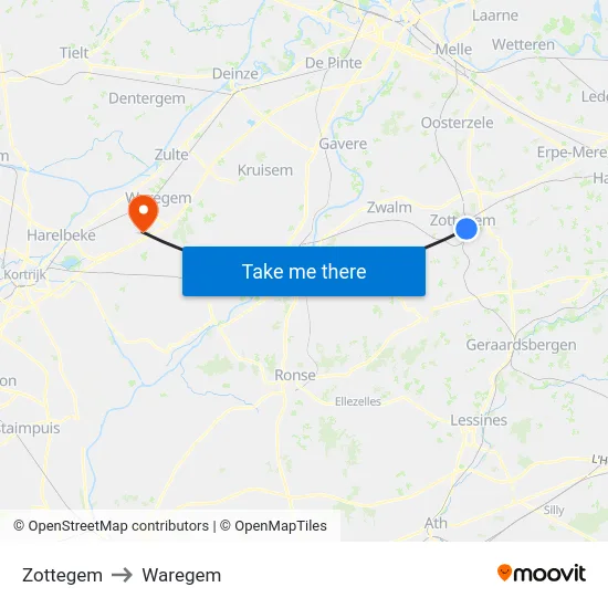 Zottegem to Waregem map