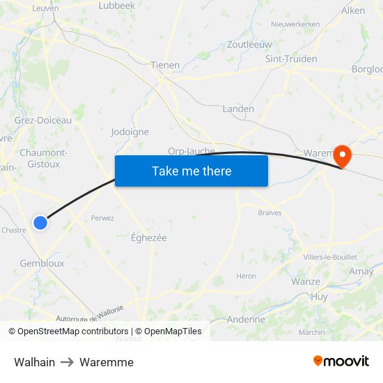 Walhain to Waremme map