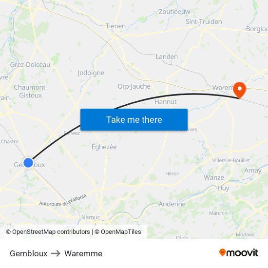 Gembloux to Waremme map