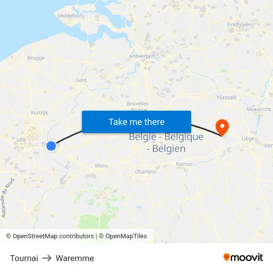 Tournai to Waremme map