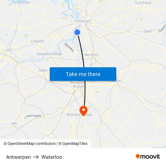 Antwerpen to Waterloo map