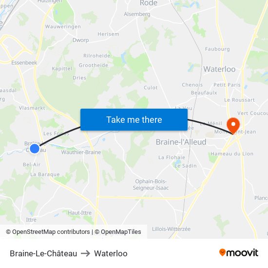Braine-Le-Château to Waterloo map