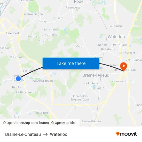 Braine-Le-Château to Waterloo map