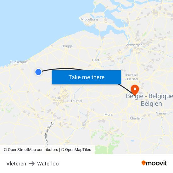 Vleteren to Waterloo map